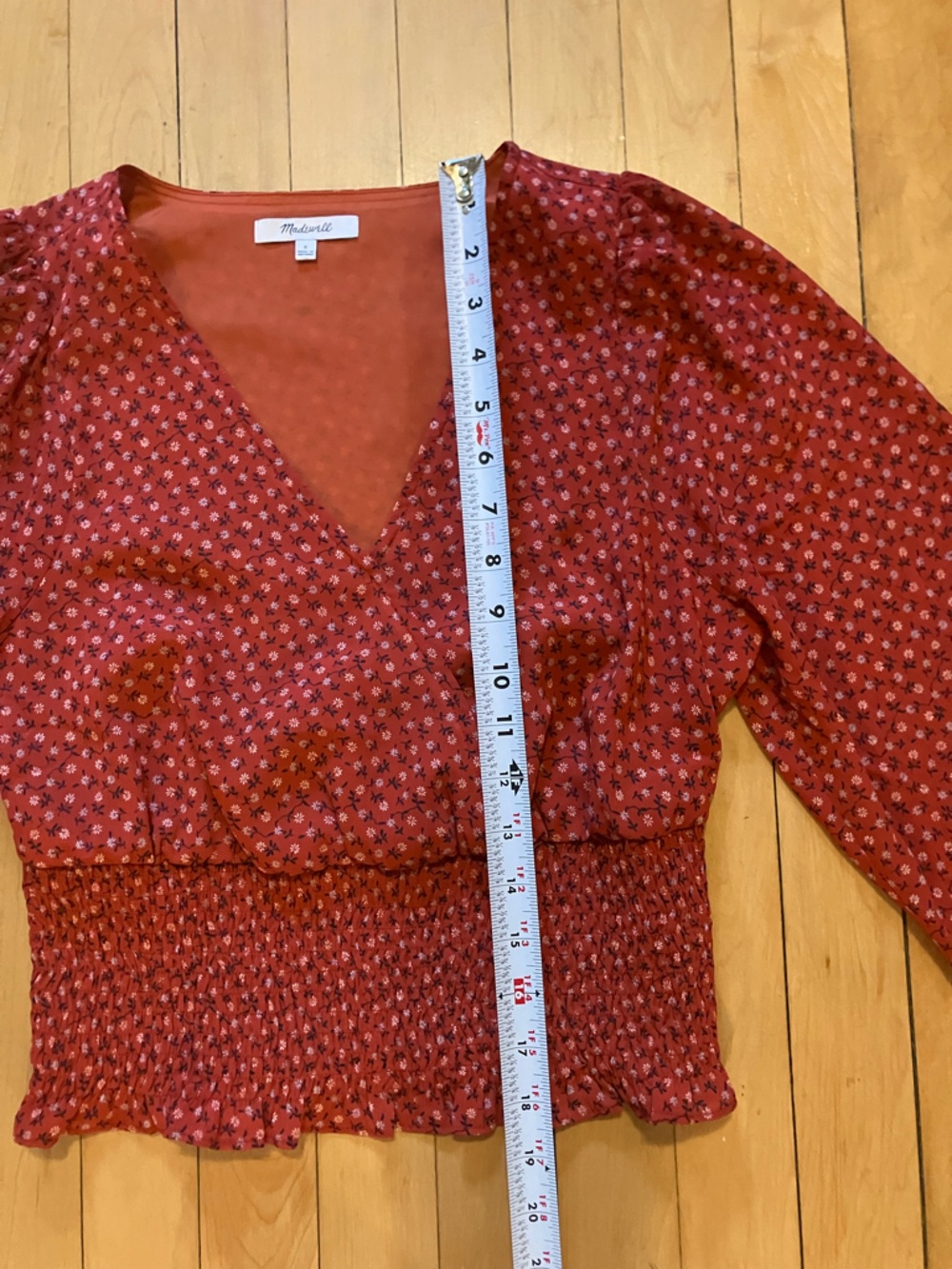 Madewell Floral Wrap Smocked Rust Red Blouse - Picture 9 of 11